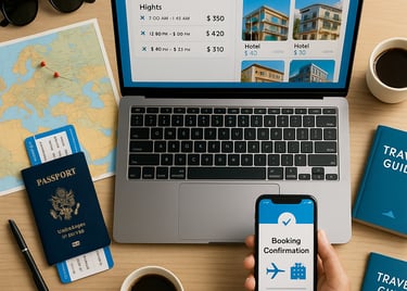 Flat-lay image of a travel planning setup with a laptop showing flight and hotel booking options, a smartphone displaying boo