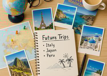 Flat-lay image of a travel planning scene with scattered postcards, a globe, a notebook titled “Future Trips,” a world map, a