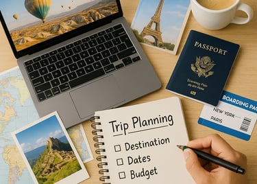 Flat-lay image of a travel planning scene with a notebook labeled “Trip Planning” listing destination, dates, and budget, a h