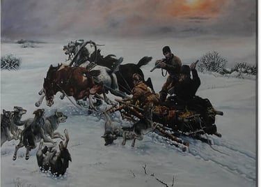 Oil Painting  on canvas. Wolves winter attack dynamic Scene of horses and wolves in action