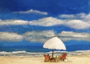 a painting of a beach scene with chairs and umbrella