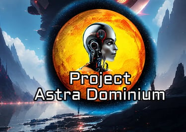 Project Astra Dominium logo featuring a female cyborg over an orange planet in a futuristic sci-fi landscape.