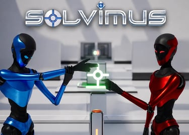 Blue and red Solvimus robots collaborating in a futuristic digital lab setting.