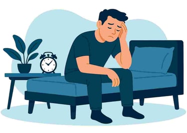 En man som sitter vid sin säng och är nedstämd med en klocka och blomma