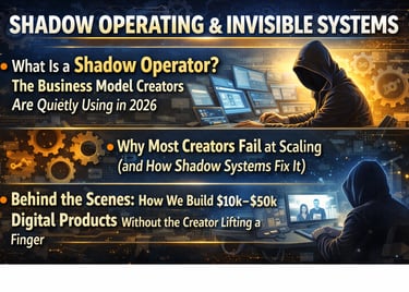 A hooded shadow operator manages digital products and business systems across multiple computer monitors.