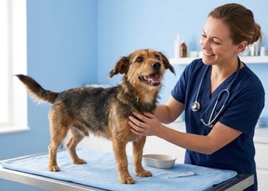 Una veterinaria sonriente examina a un perro mestizo muy contento 