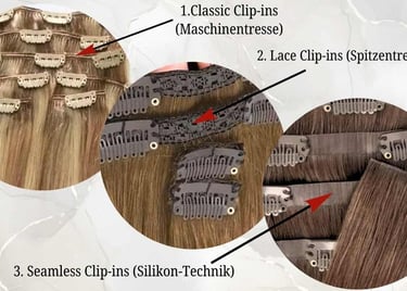 Comparison of classic, lace, and seamless silicone-based clip-in hair extension wefts.