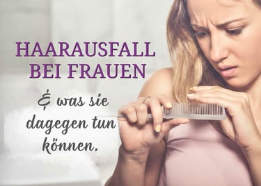 Worried woman looking at hair loss on a comb with text about female hair loss solutions.