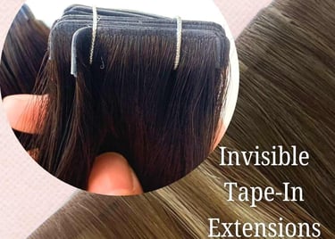 Professional invisible tape-in human hair extensions in a natural dark brown shade.