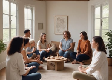 Close-up of hands gently holding crystals and healing tools on a warm white background.