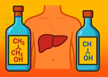 Dois frascos, um com metanol e outro com alcool. Corpo humano com fígado visual