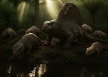 Dimetrodon teutonis mit Diadectes absitus im Perm-Wald