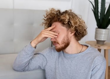 Un homme sur le canapé se tenant la tête, en proie à ses émotions avec une expression de douleur.