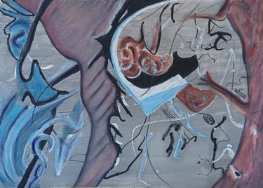 Headless Horseman — grey and blue abstract suggesting a decapitated rider in motion, by Zanda