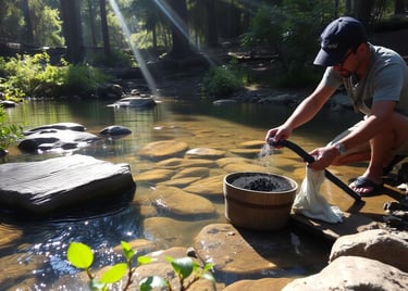  A skilled individual using a makeshift filter made of sand, charcoal, and cloth to purify water..