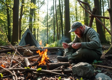 A man practicing bushcraft in the forest, with a small fire.