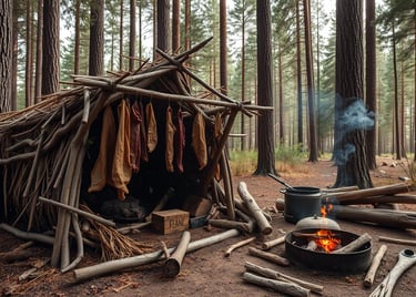 a rustic campsite featuring a primitive smokehouse