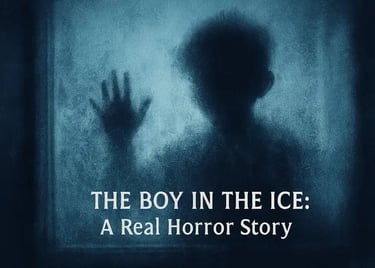 Ghostly boy’s silhouette behind frost‑covered glass with icy blue tones and story title overlay.