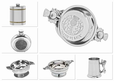 Pewter quaichs tankards & hip flasks