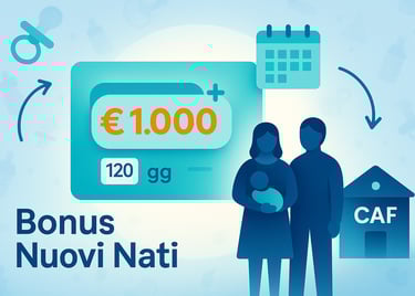 Illustrazione flat del Bonus Nuovi Nati 2025: carta da 1.000€, famiglia, calendario e CAF