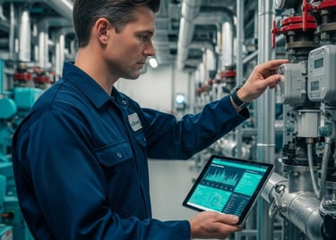a man in a blue uniform is holding a tablet computer and a tablet