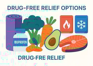 Infographic showing drug-free pain relief options including yoga mat, vegetables, avocado, fish, and hot/cold packs