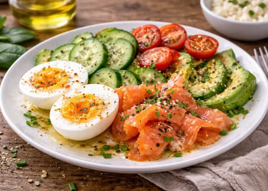 Huevos cocidos con salmón y verduras, desayuno bajo en carbohidratos rico en proteínas y omega-3