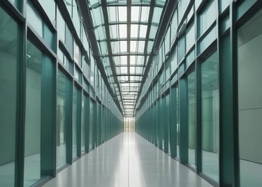 Close-up of modern glass buildings with intricate architectural lines against a cloudy London sky.