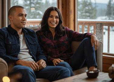 a man and woman sitting on a couch wearing flannel