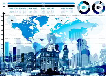 a city skyline with a map of the world , In los angeles