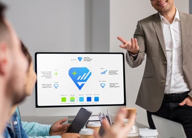 a man in a suit and glasses is standing in front of a computer screen of creative design