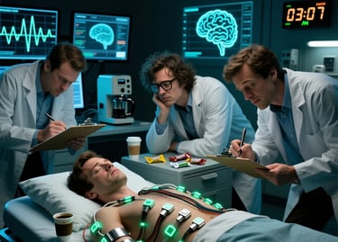 Humorous sleep research lab: scientists awake all night studying sleeping subject covered in wires