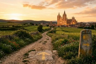 señal Camino de Santiago con la catedral de León al fondo
