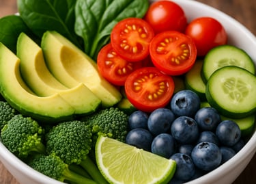 Bowl of freshly picked fruits and vegetables, ready to eat.