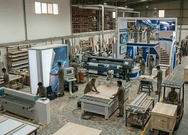 Custom exhibition stand builders constructing trade show booths in a large manufacturing workshop.