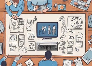 Team collaborating over a digital strategy map in a modern office.