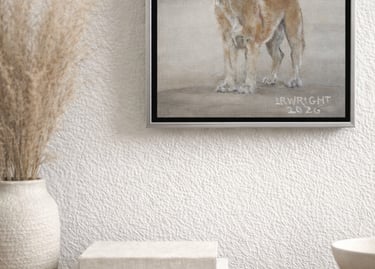 Oil painting of Labrador Retriever set in silver floating frame