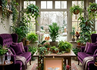 Garden room with plants and swan oil painting