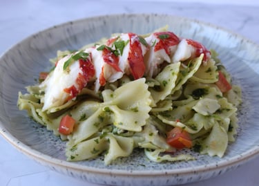 Farfalle Pasta with Lobster, Tomato Cubes, and Fresh Parsley Sauce