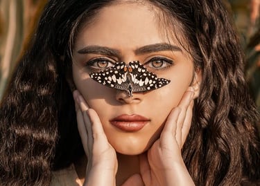 spanish lady holdung fase with 2 hands and butterfly lend on her nose
