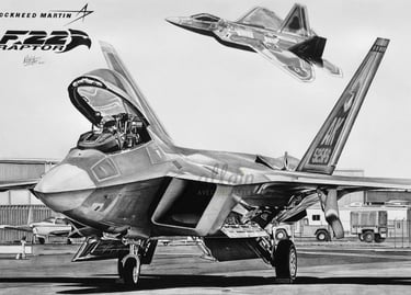 Dessin réaliste en noir et blanc d'un F22 Raptor