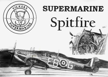 Dessin réaliste en noir et blanc d'un Spitfire Supermarine