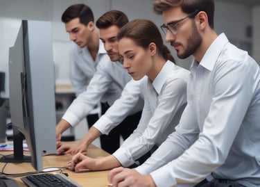 A modern office environment showcasing teamwork and technology.