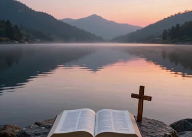Open Holy Bible and wooden cross on a rock by a calm lake with mountain sunset background.