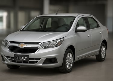 Chevrolet Cobalt prata fotografado em ambiente interno, visto de frente em ângulo lateral com destaq