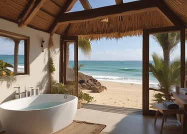 Luxury beachfront bathroom with a white soaking tub and tropical ocean views from a thatched bungalow.