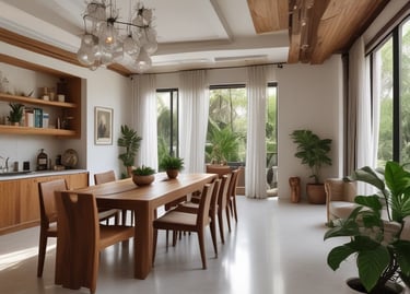Modern dining room featuring a large wooden table, designer pendant light, and indoor plants with garden views.