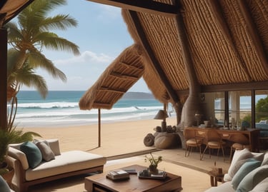Luxury beach villa interior with thatched roof overlooking a tropical ocean beach with palm trees.