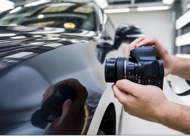 Kfz-Gutachter dokumentiert fachgerecht einen Lackschaden an einem schwarzen Fahrzeug für ein Schadengutachten