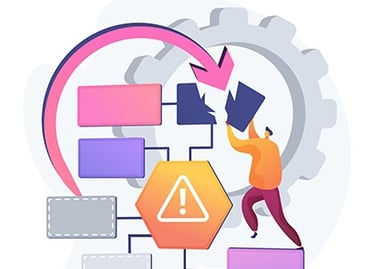 Illustration of a person managing complex puzzle pieces and gears representing the gap between engin